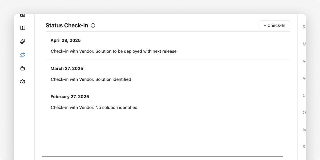 Record status check-ins to keep your documentation accurate. Don't miss your vendor check-ins by setting up frequency.png
