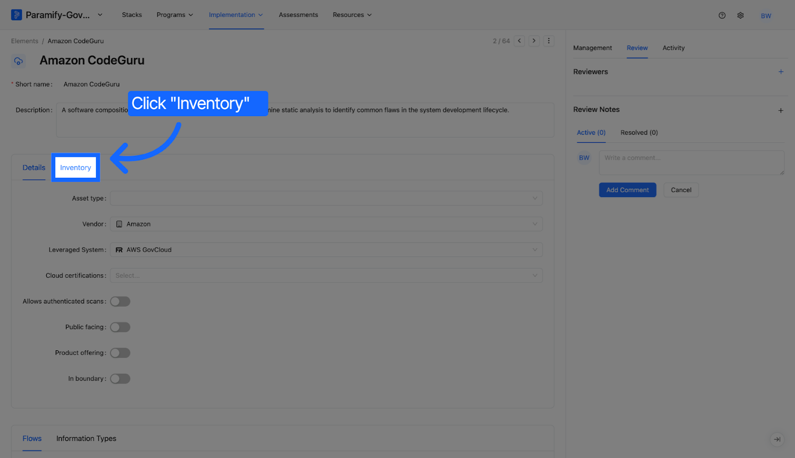 Open Inventory Section