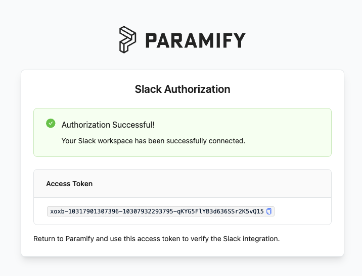 Slack authorization success token