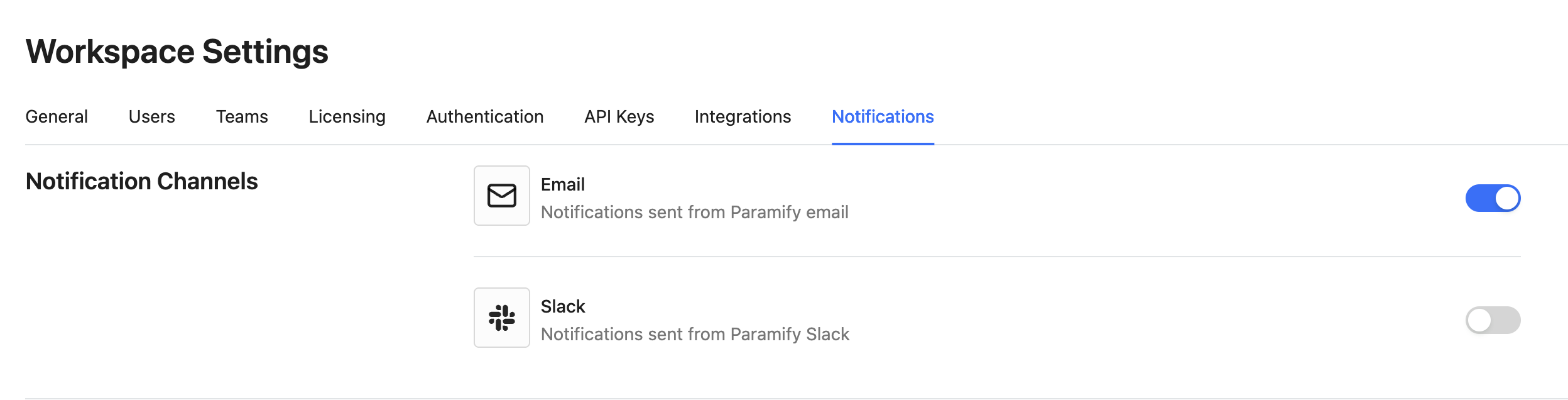 Notification Channels toggles for Email and Slack