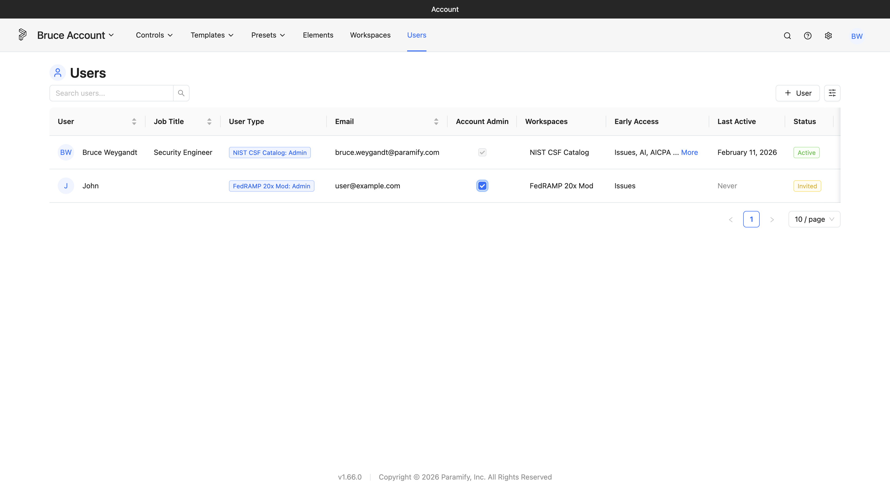 Users list page showing all nine user attributes as filterable columns