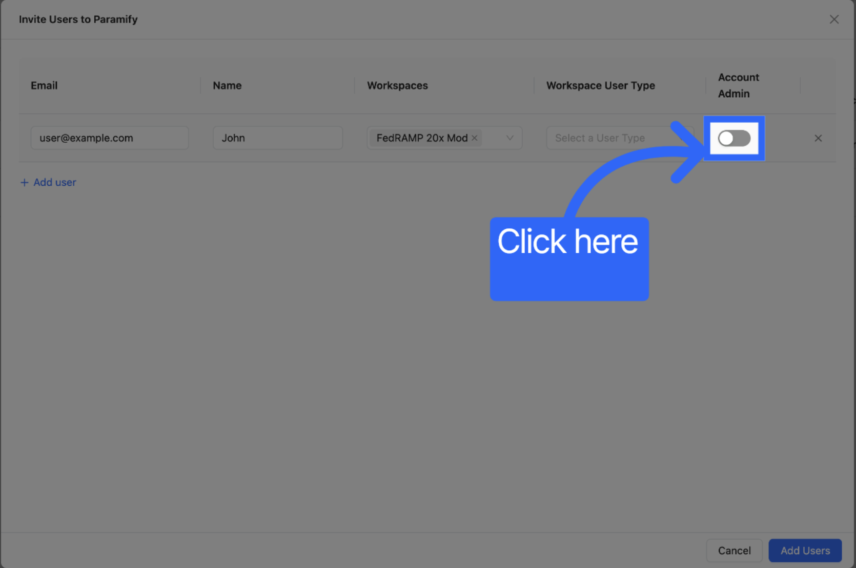 New user form showing the Account Admin toggle switch