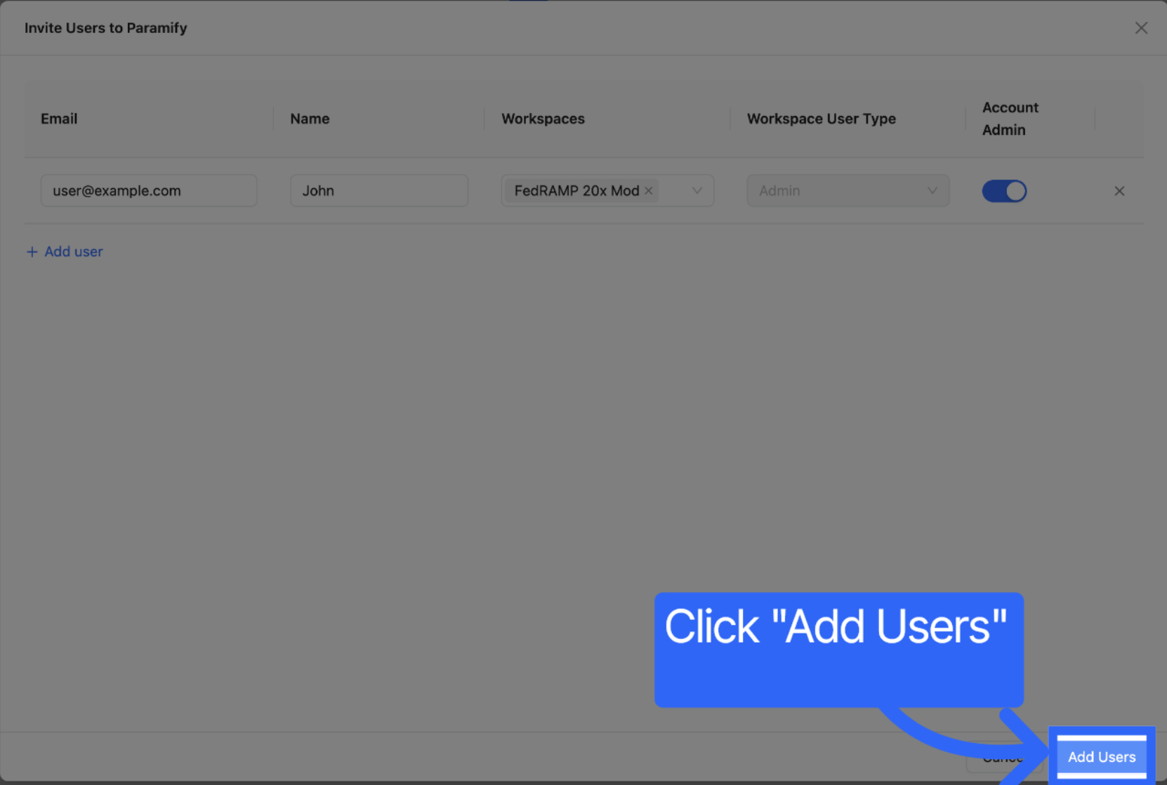 New user form with the Add User button highlighted at the bottom