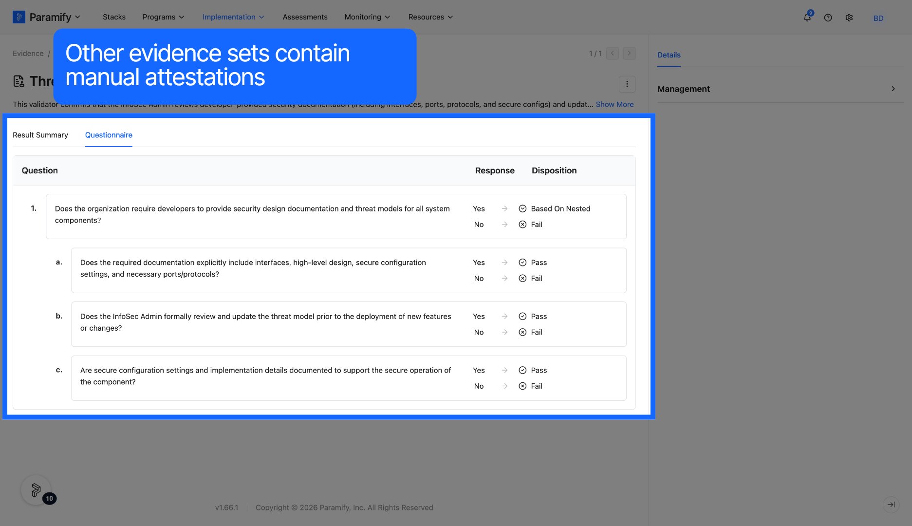 Questionnaire tab showing manual yes/no attestation questions