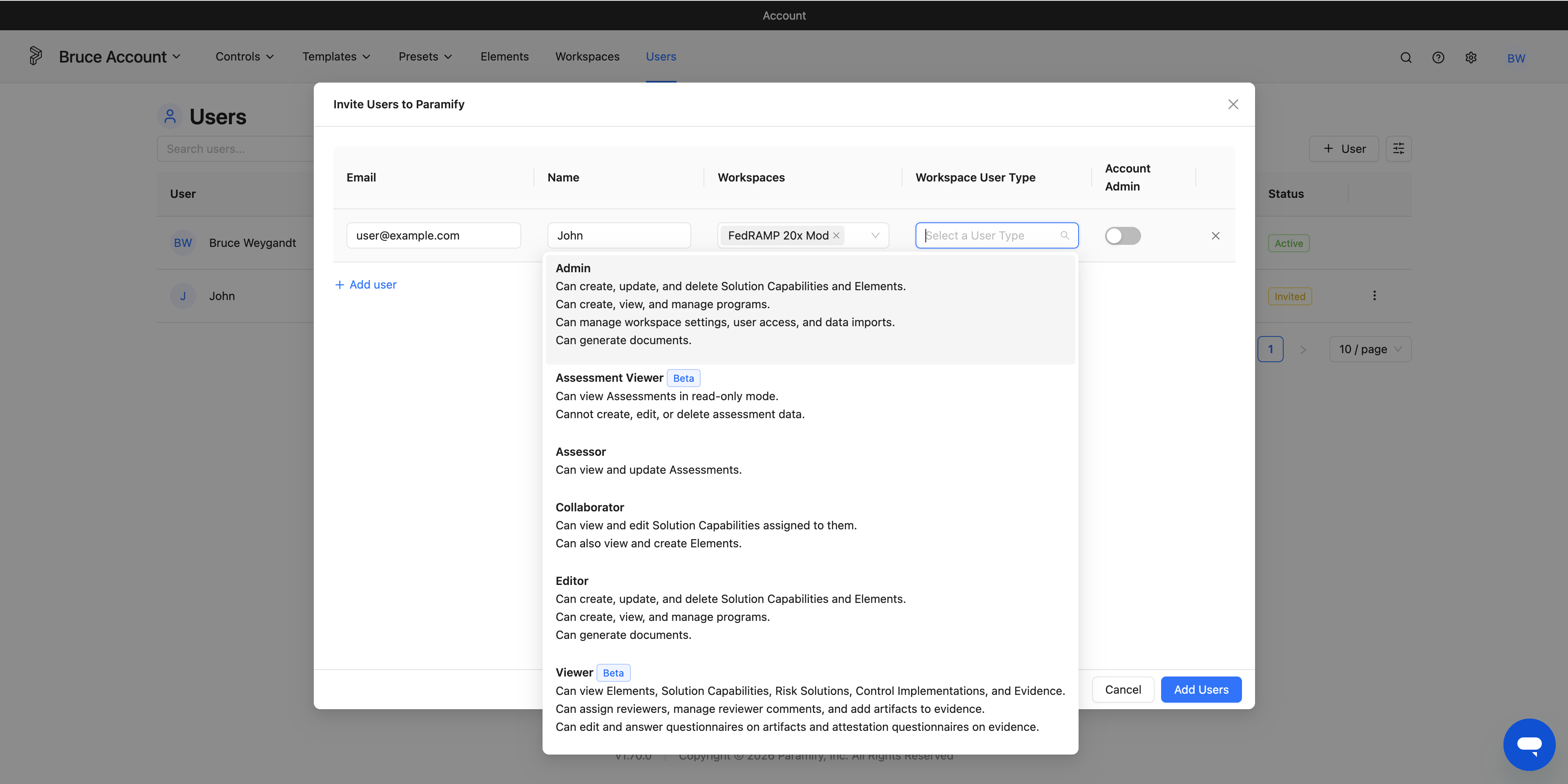Full list of workspace user types and their permission descriptions